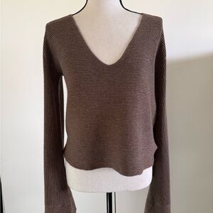 Free People Ribbed Exaggerated Sleeve V-Neck Sweater Brown Size S
